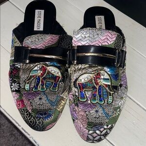 Steve Madden Black Multicolor Embroidered Mules